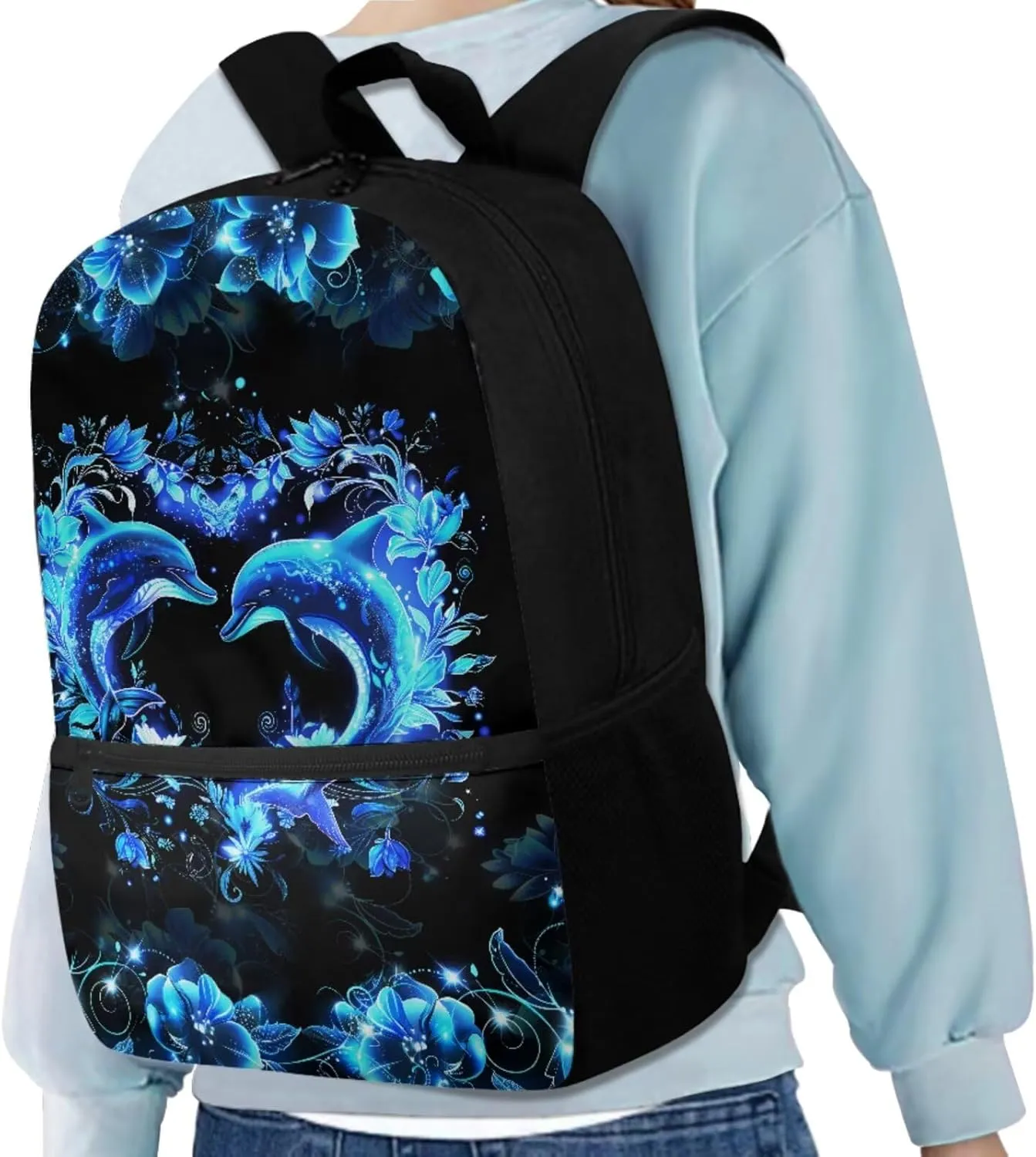 Dolphin Backpack with Lunch Box Bookbag for 6 Grade Girls 3 Piece School Bag Set with Pencil Case 17 Inch Kindergarten Primary School Back Pack for Students Outdoor Picnic Camping