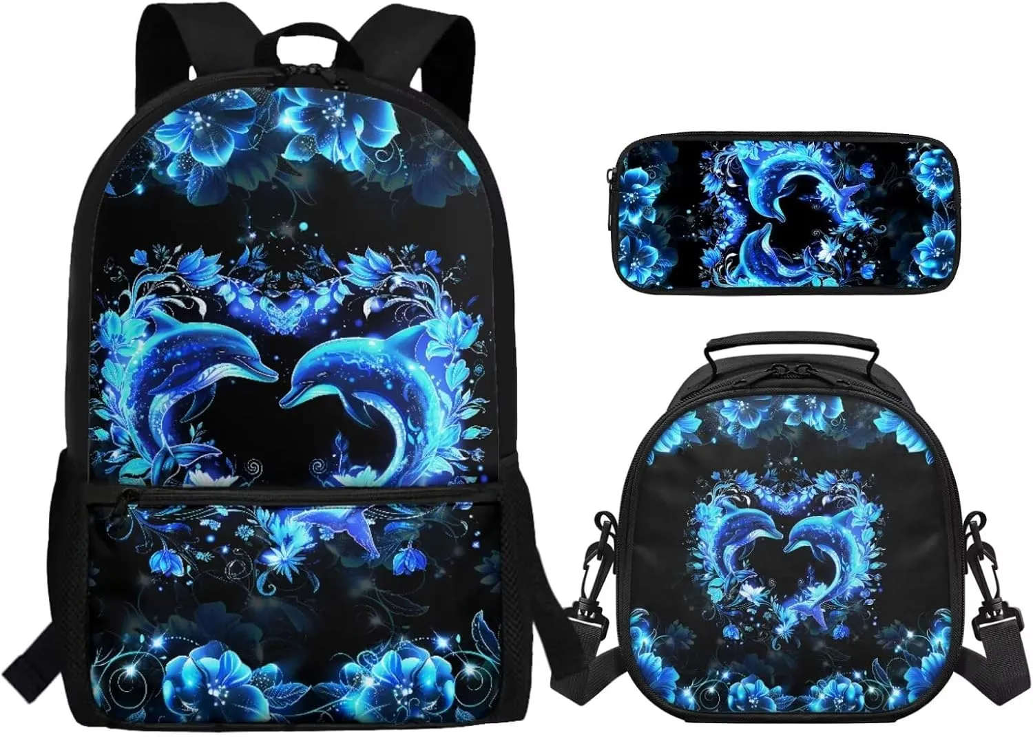 Dolphin Backpack with Lunch Box Bookbag for 6 Grade Girls 3 Piece School Bag Set with Pencil Case 17 Inch Kindergarten Primary School Back Pack for Students Outdoor Picnic Camping