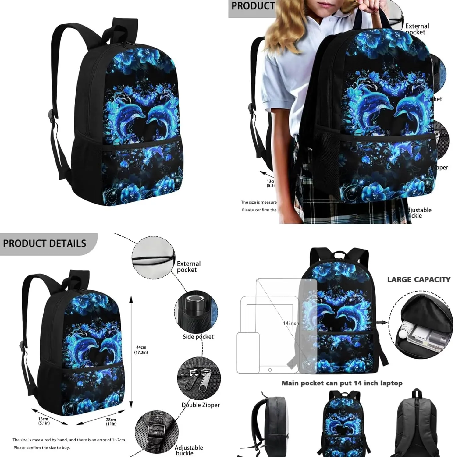 Dolphin Backpack with Lunch Box Bookbag for 6 Grade Girls 3 Piece School Bag Set with Pencil Case 17 Inch Kindergarten Primary School Back Pack for Students Outdoor Picnic Camping