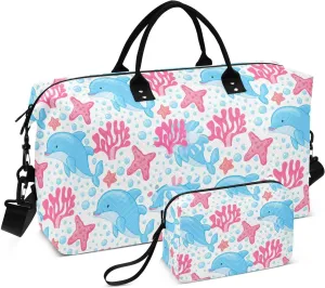 Dolphin Starfish Corals White Sports Gym Bag for Women Men Travel Duffel Bag Weekend Overnight Carry on Bag with Toiletry Bag Training Handbag for Swimming Yoga Workout Plane Hospital