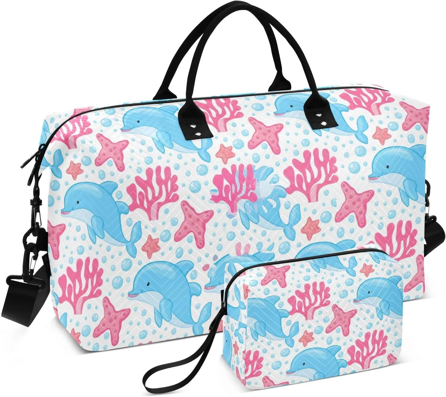 Dolphin Starfish Corals White Sports Gym Bag for Women Men Travel Duffel Bag Weekend Overnight Carry on Bag with Toiletry Bag Training Handbag for Swimming Yoga Workout Plane Hospital