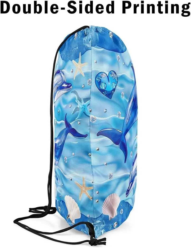 Dolphin Waterproof Drawstrings Backpacks,Dreamy Ocean Animal Marine Life Starfish Shell Bags for Shopping Travelling,Love Diamond Hearts Blue Marble Print Sackpacks Gym Swim Packs Daypack