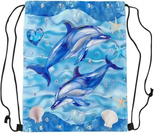 Dolphin Waterproof Drawstrings Backpacks,Dreamy Ocean Animal Marine Life Starfish Shell Bags for Shopping Travelling,Love Diamond Hearts Blue Marble Print Sackpacks Gym Swim Packs Daypack