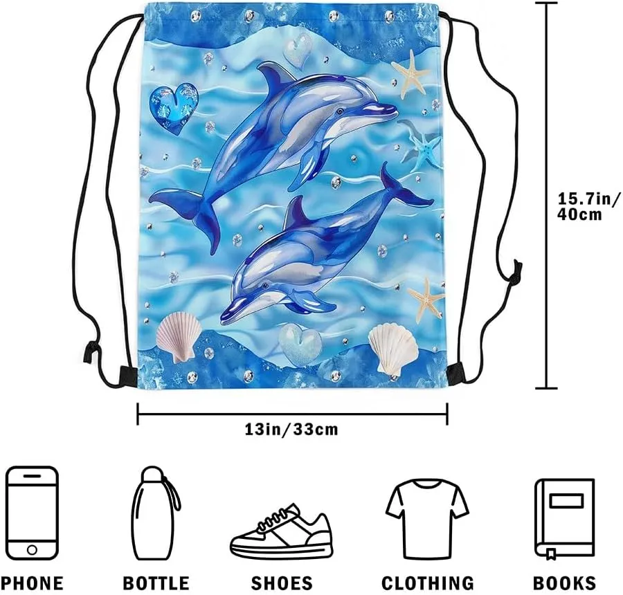 Dolphin Waterproof Drawstrings Backpacks,Dreamy Ocean Animal Marine Life Starfish Shell Bags for Shopping Travelling,Love Diamond Hearts Blue Marble Print Sackpacks Gym Swim Packs Daypack