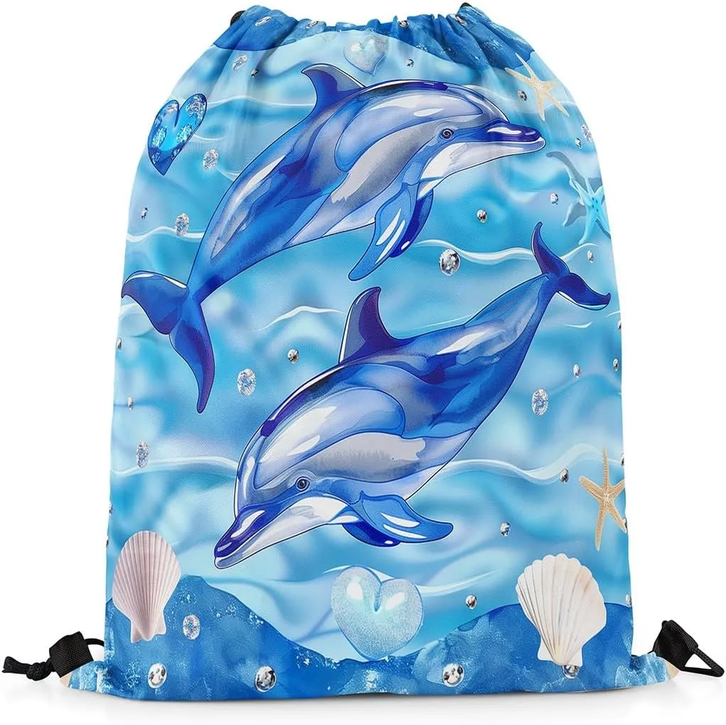 Dolphin Waterproof Drawstrings Backpacks,Dreamy Ocean Animal Marine Life Starfish Shell Bags for Shopping Travelling,Love Diamond Hearts Blue Marble Print Sackpacks Gym Swim Packs Daypack