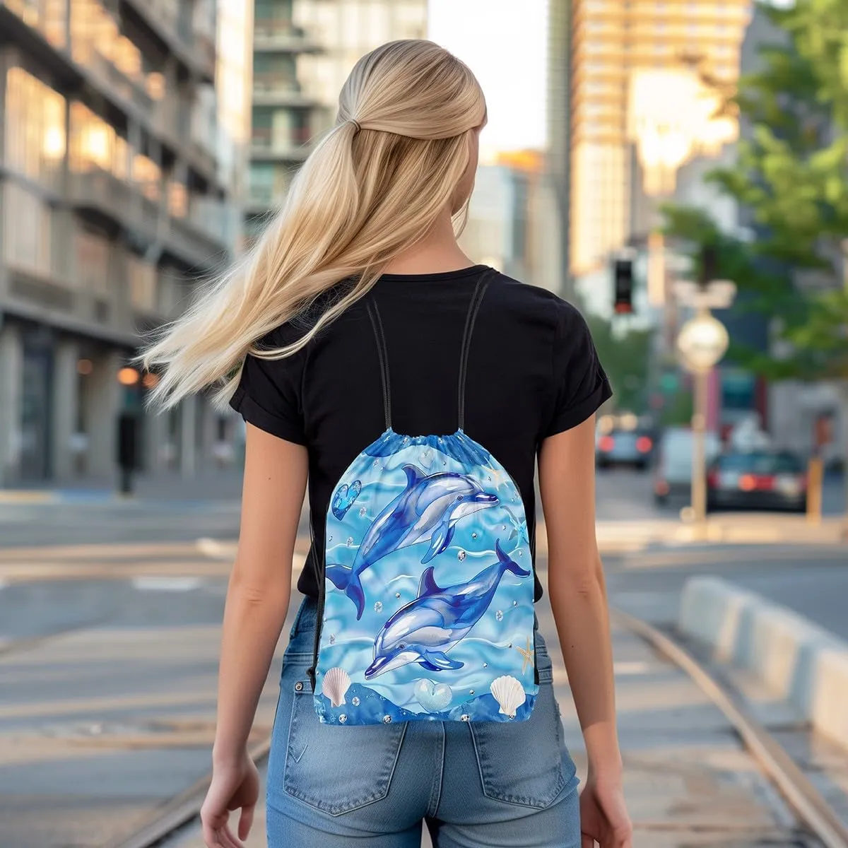Dolphin Waterproof Drawstrings Backpacks,Dreamy Ocean Animal Marine Life Starfish Shell Bags for Shopping Travelling,Love Diamond Hearts Blue Marble Print Sackpacks Gym Swim Packs Daypack