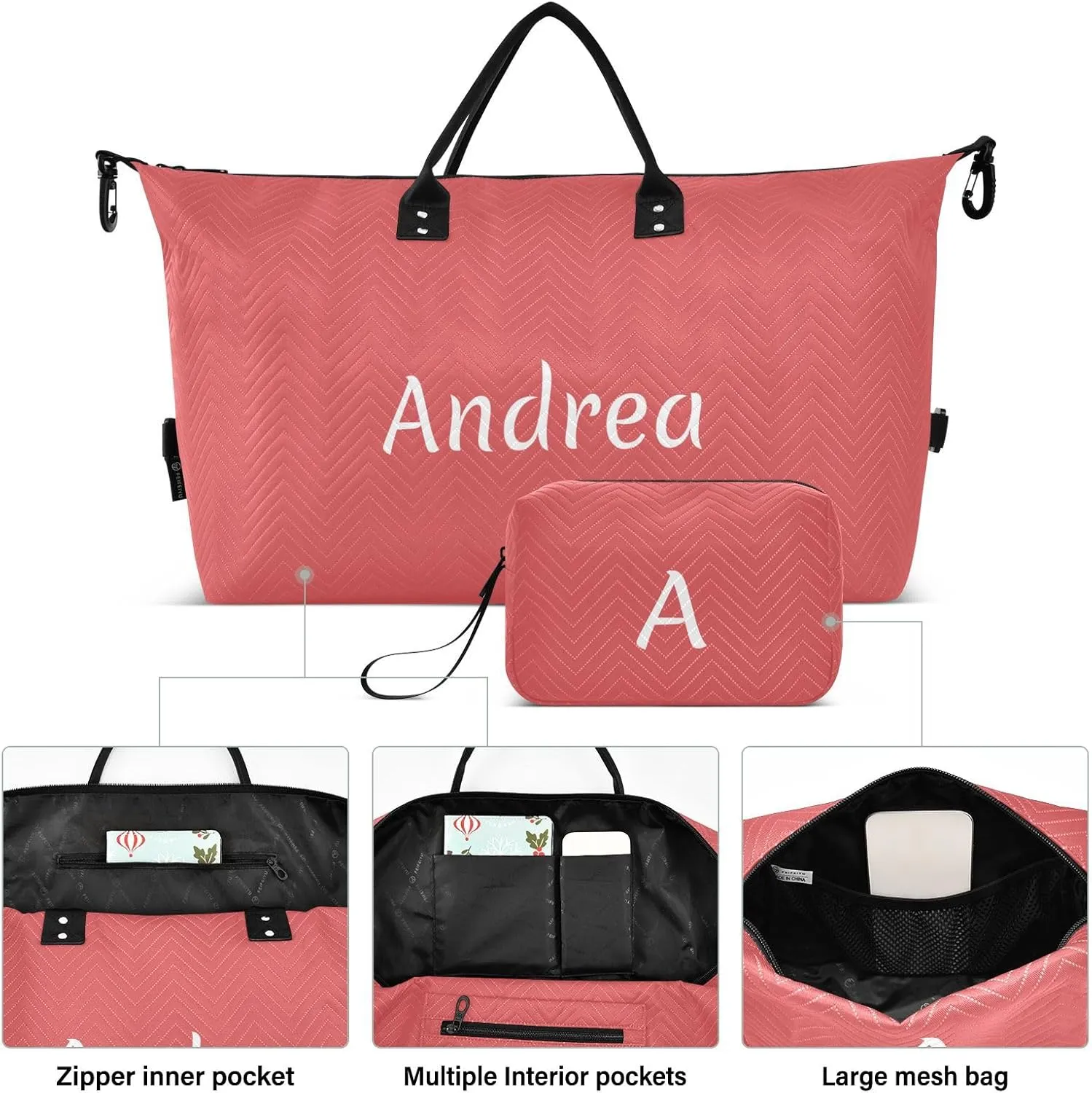 DOMIKING Red Personalized Duffel Bag Foldable Weekender Bag Overnight Bags for Women Men Custom Sport Gym Bag with Toiletry Bag for Trip Business Yoga, 2 Pcs