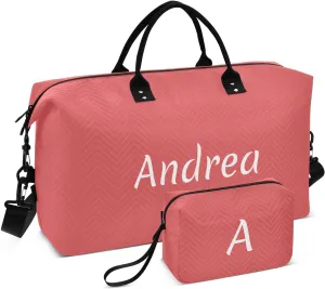 DOMIKING Red Personalized Duffel Bag Foldable Weekender Bag Overnight Bags for Women Men Custom Sport Gym Bag with Toiletry Bag for Trip Business Yoga, 2 Pcs