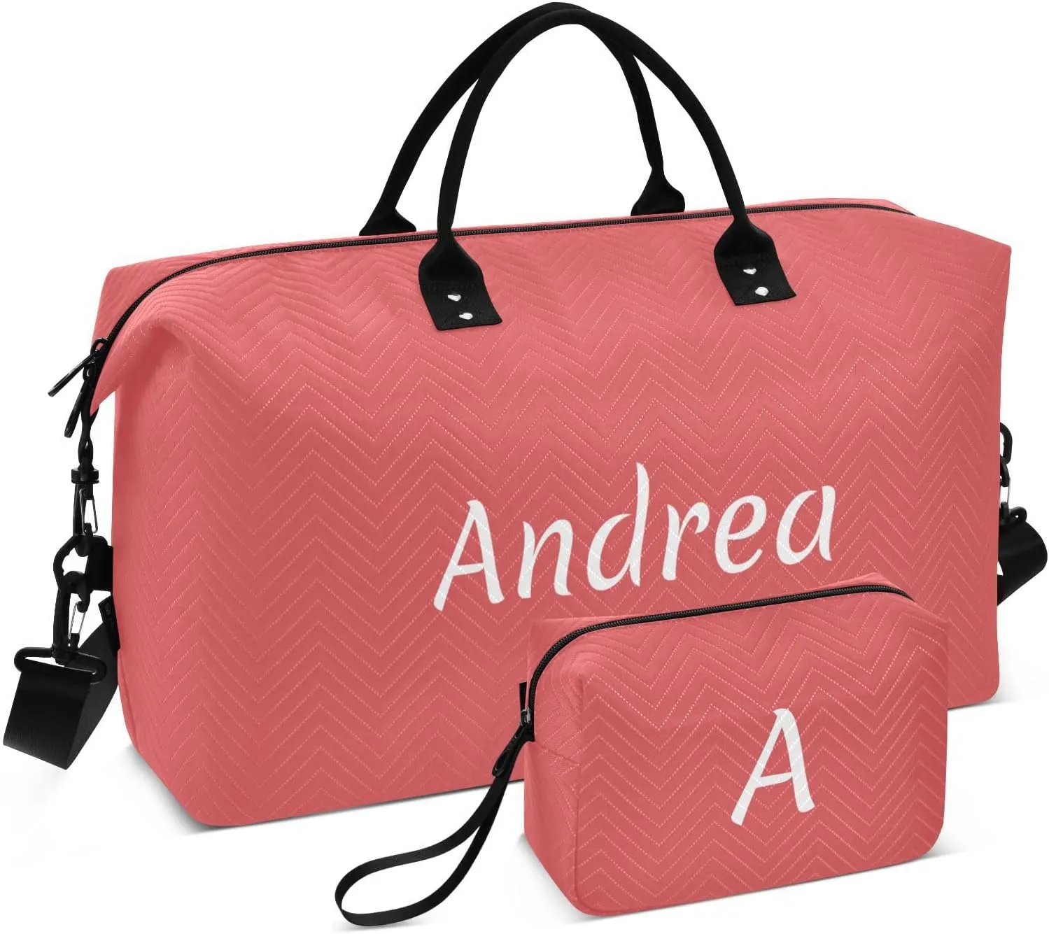 DOMIKING Red Personalized Duffel Bag Foldable Weekender Bag Overnight Bags for Women Men Custom Sport Gym Bag with Toiletry Bag for Trip Business Yoga, 2 Pcs