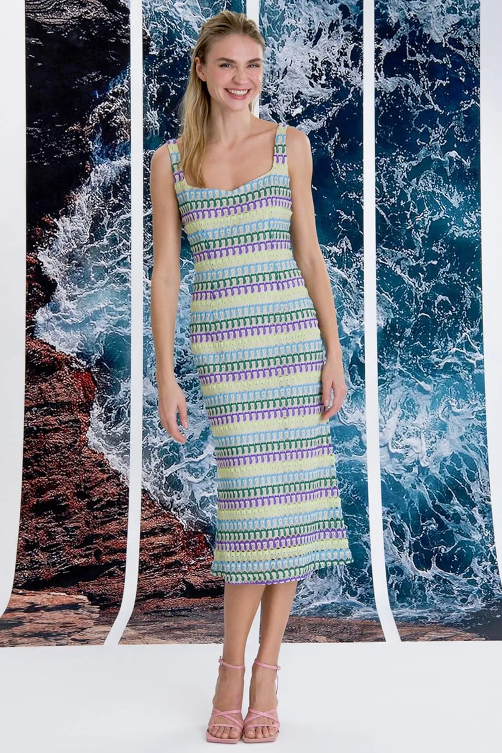 Donna Morgan Sweetheart Neckline Midi Striped Knit, Square Neck, Summer Beach Vacation Dresses for Women