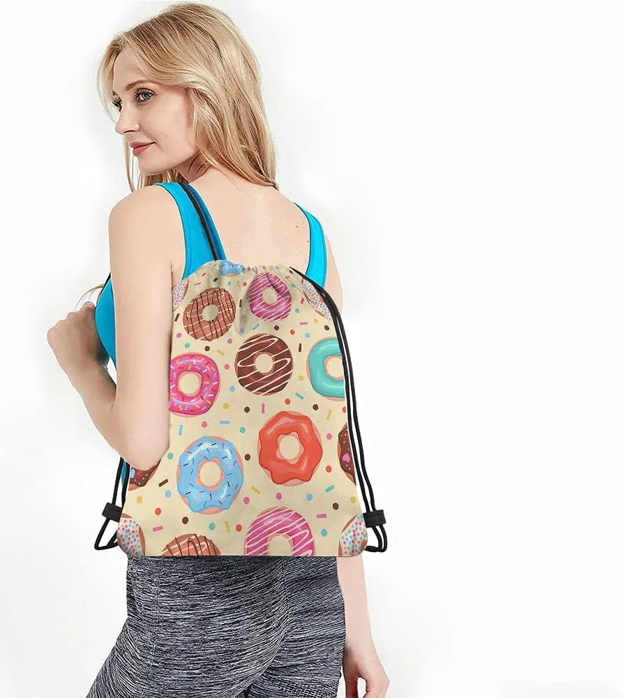 Donuts Drawstring Bags Backpack Bag Colorful Doughnuts Chocolate Blue Pink Donuts Sweet Food Dessert Sport Gym Sack Drawstring Bag String Bag Yoga Bag for Men Women