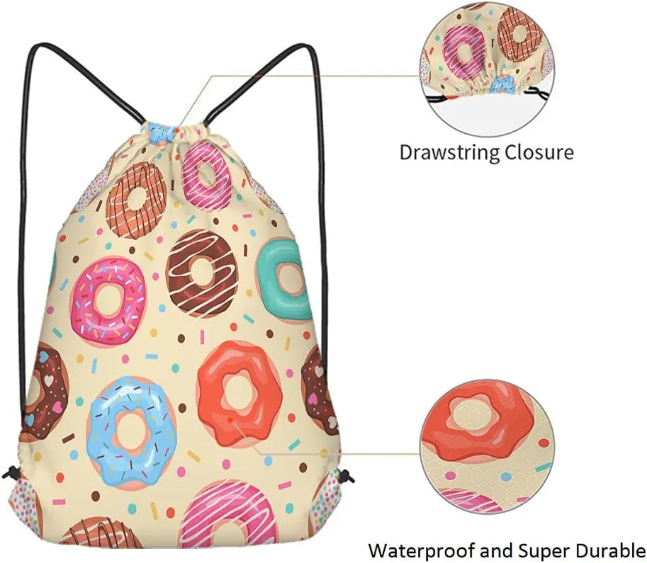 Donuts Drawstring Bags Backpack Bag Colorful Doughnuts Chocolate Blue Pink Donuts Sweet Food Dessert Sport Gym Sack Drawstring Bag String Bag Yoga Bag for Men Women