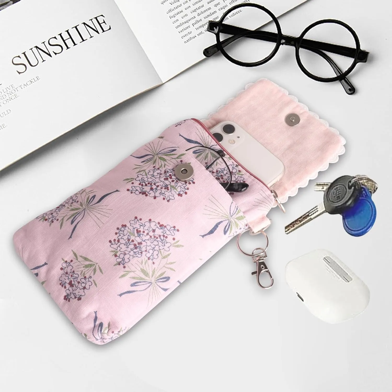 Double Glasses Case Soft Eyeglass Cases for Women Sunglasses Travel Cases with Glasses Cleaning Cloth and Key Chain