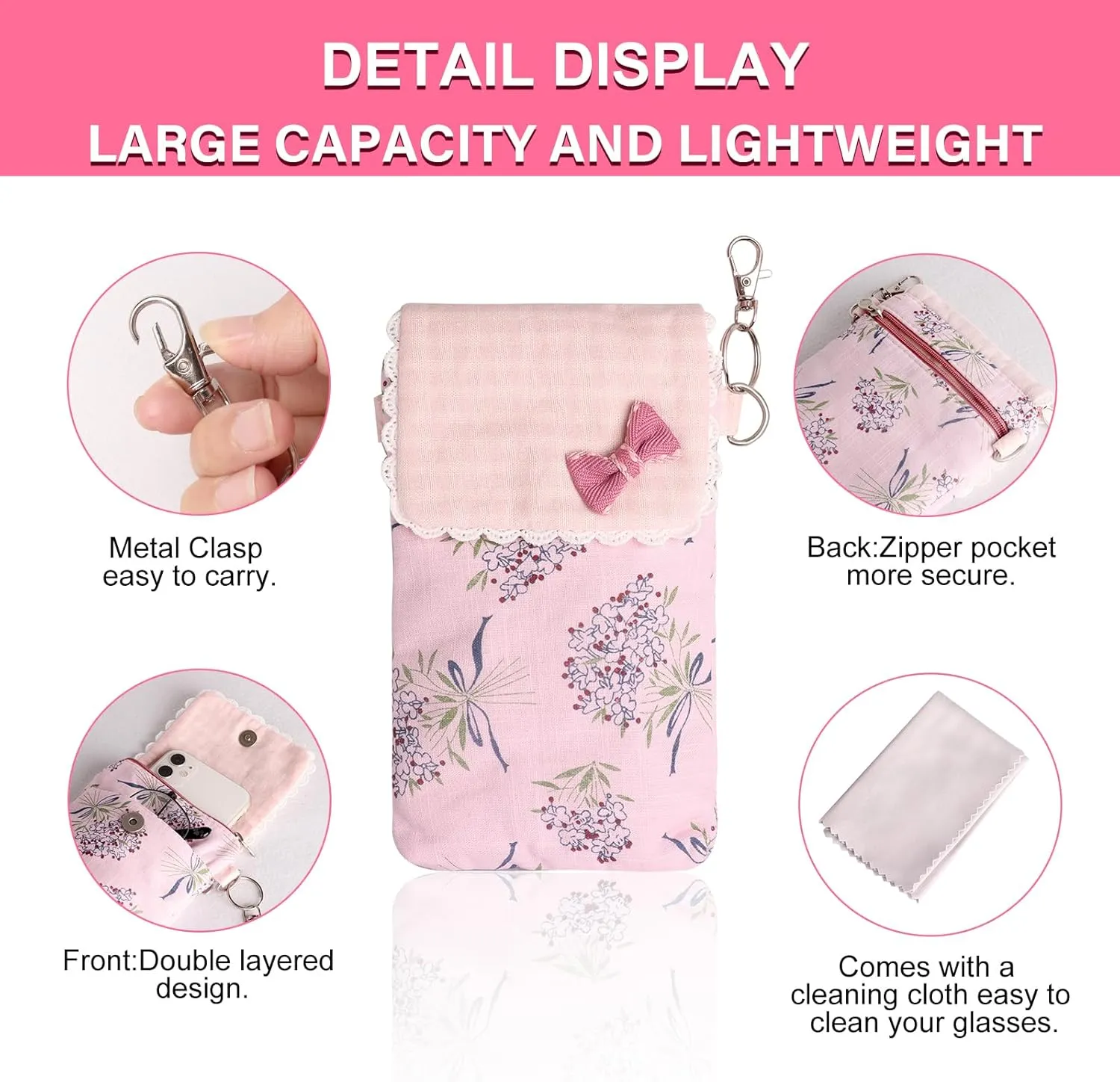 Double Glasses Case Soft Eyeglass Cases for Women Sunglasses Travel Cases with Glasses Cleaning Cloth and Key Chain