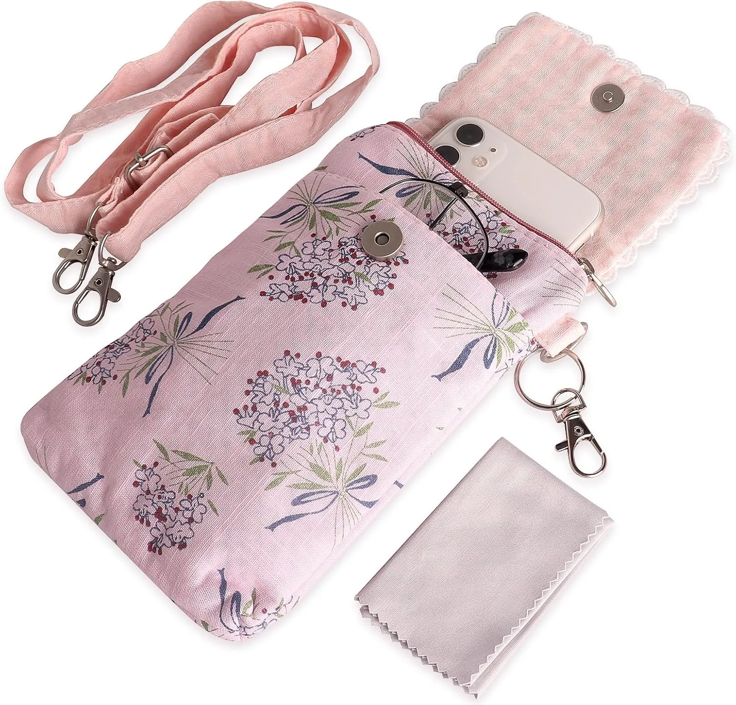 Double Glasses Case Soft Eyeglass Cases for Women Sunglasses Travel Cases with Glasses Cleaning Cloth and Key Chain