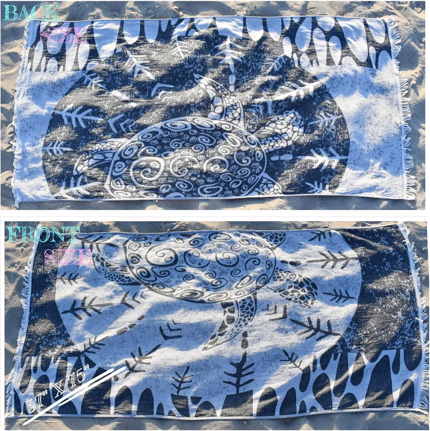 Double-Sided Jacquard Turtle Beach Towel-Limited Edition Oversized 100% Turkish Cotton Yarn Quick Dry for Beach,Bath Towel,Sandproof,Travel bag with a gift. (The secret of calm waters, Extra Large)
