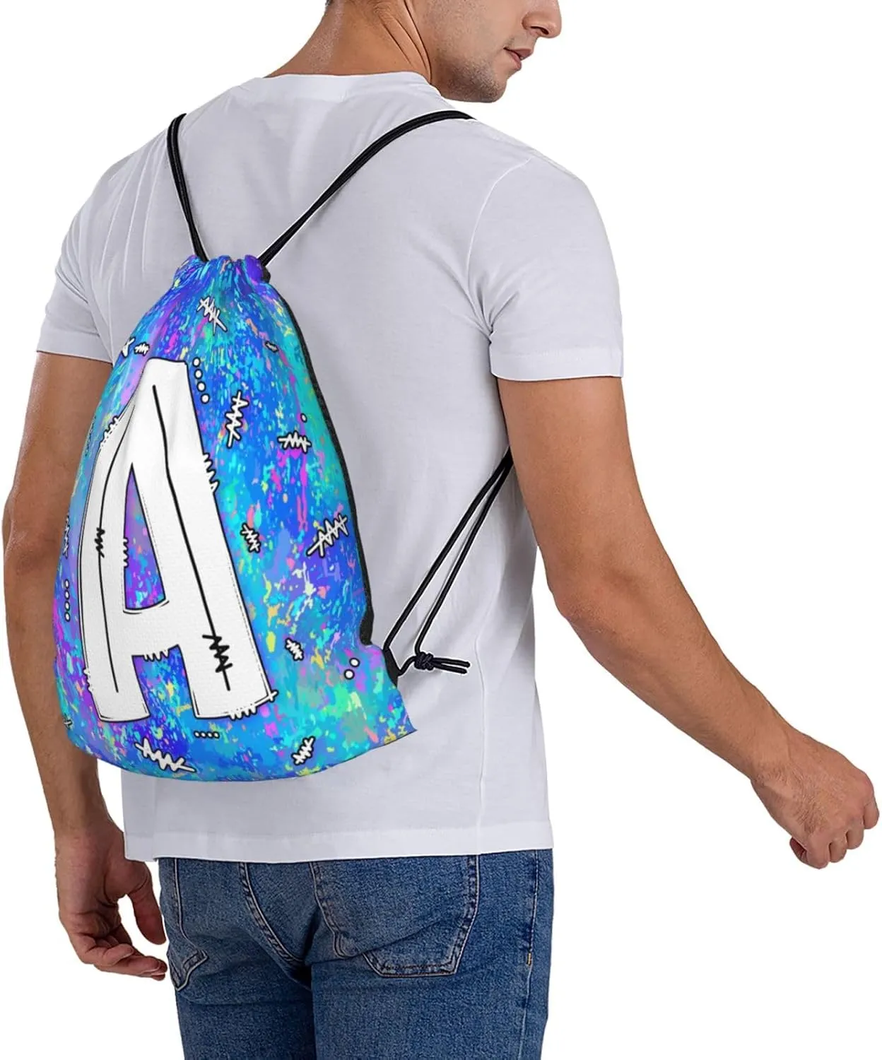 Drawstring Backpack Bag Sport Gym Sackpack Initial Blue Draw String Cinch Bags Bulk String Backpack Storage Bag for Women Men Letters A