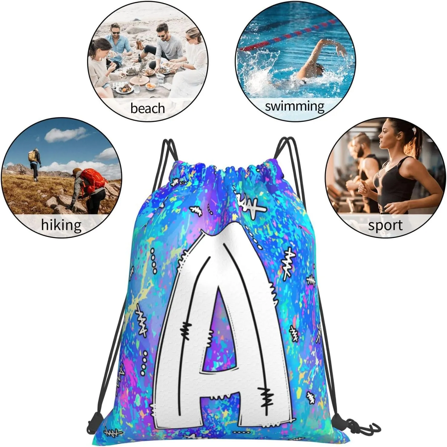 Drawstring Backpack Bag Sport Gym Sackpack Initial Blue Draw String Cinch Bags Bulk String Backpack Storage Bag for Women Men Letters A