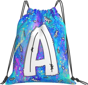 Drawstring Backpack Bag Sport Gym Sackpack Initial Blue Draw String Cinch Bags Bulk String Backpack Storage Bag for Women Men Letters A