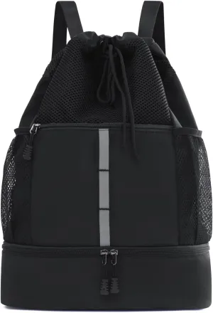 Drawstring Backpack Bag, Waterproof Sports Gym Bag with Shoes Compartment and Wet Proof Pocket, Water Bottle Holder Pockets, Mesh Cinch String Backpack for Sports, Swimming, Men Women (Black)