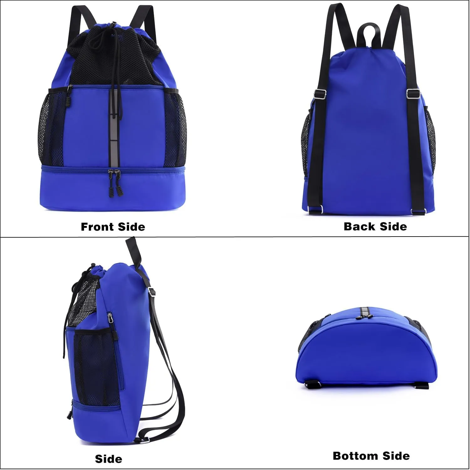 Drawstring Backpack Bag, Waterproof Sports Gym Bag with Shoes Compartment and Wet Proof Pocket, Water Bottle Holder Pockets, Mesh Cinch String Backpack for Sports, Swimming, Men Women (Black)