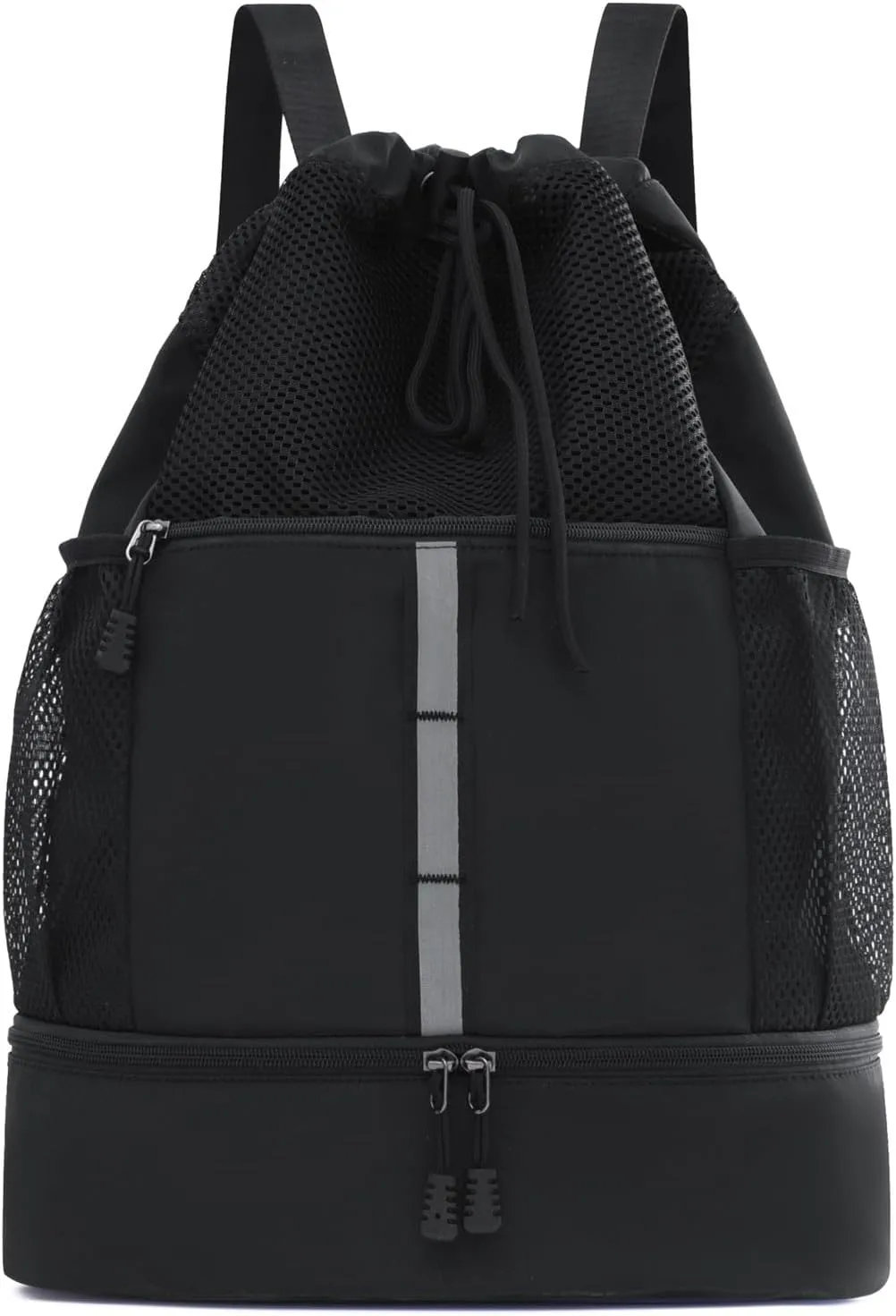Drawstring Backpack Bag, Waterproof Sports Gym Bag with Shoes Compartment and Wet Proof Pocket, Water Bottle Holder Pockets, Mesh Cinch String Backpack for Sports, Swimming, Men Women (Black)