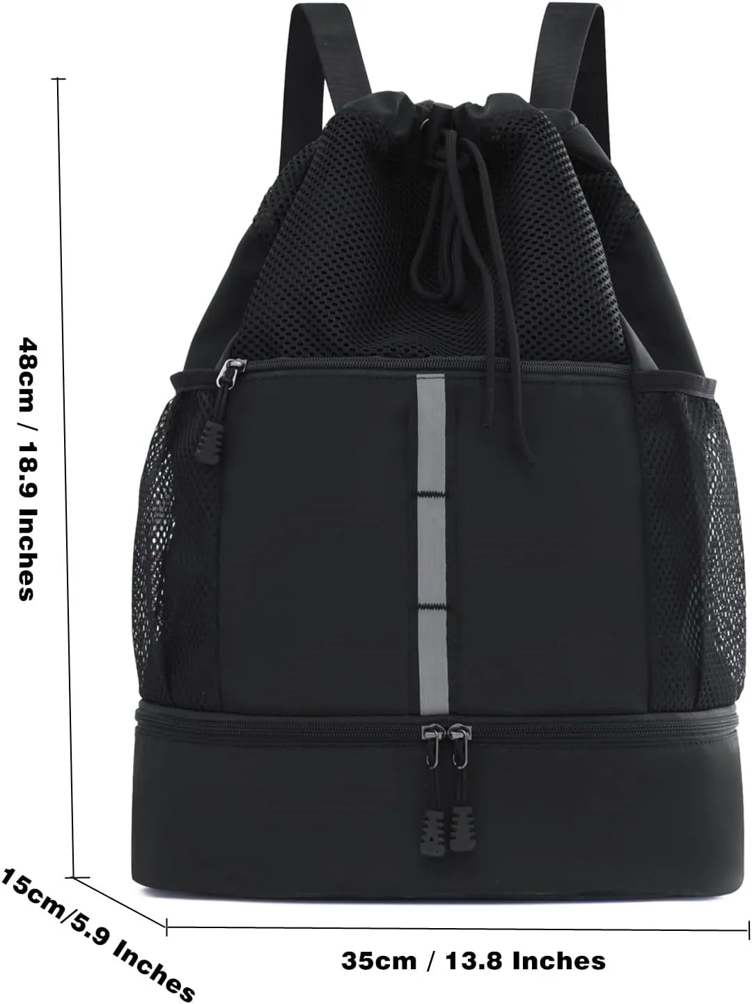 Drawstring Backpack Bag, Waterproof Sports Gym Bag with Shoes Compartment and Wet Proof Pocket, Water Bottle Holder Pockets, Mesh Cinch String Backpack for Sports, Swimming, Men Women (Black)