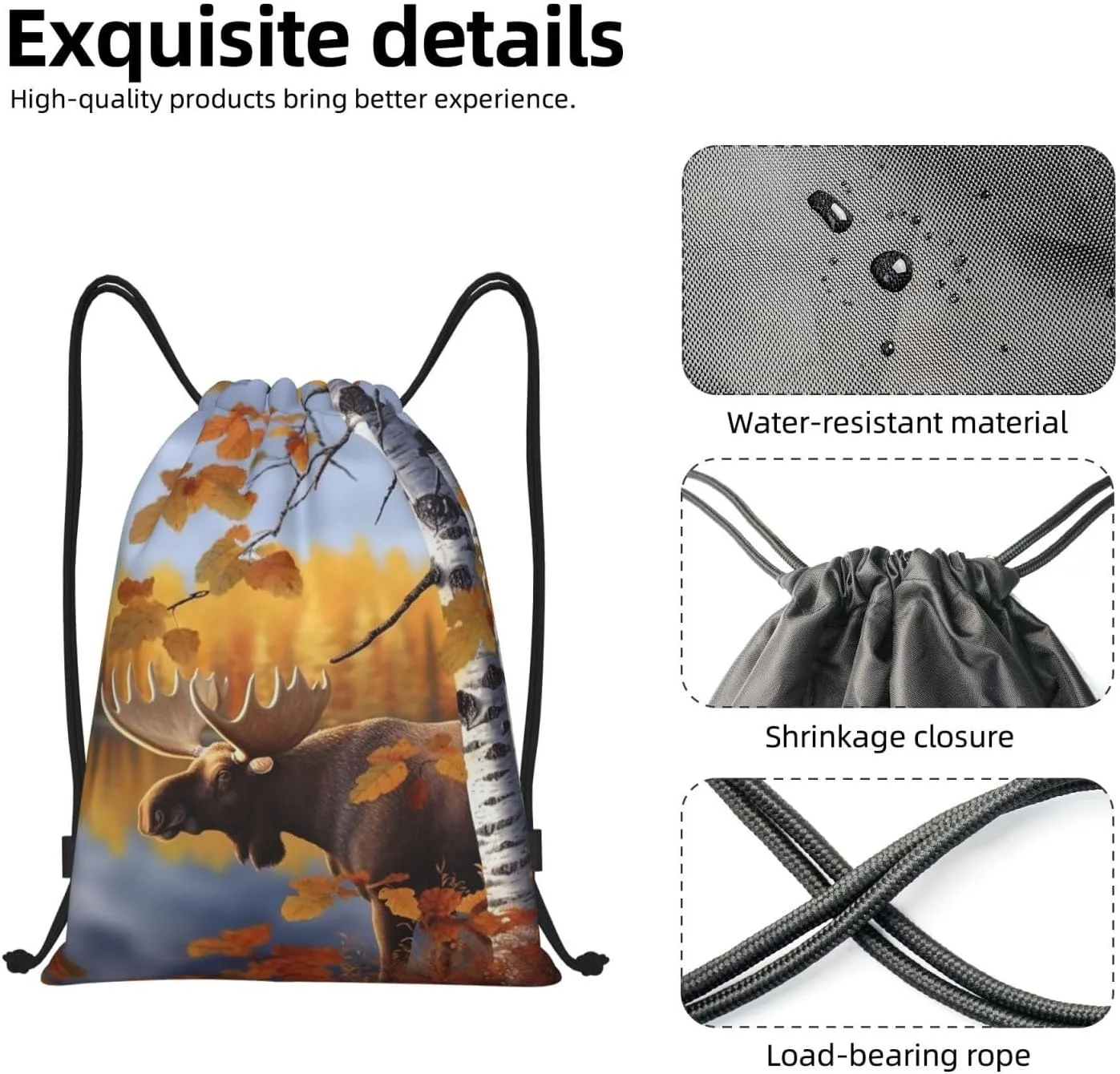 Drawstring Backpack Foldable Backpack Fall Birch Leaves Elk Sports Gym Bag for Women Men String Bag
