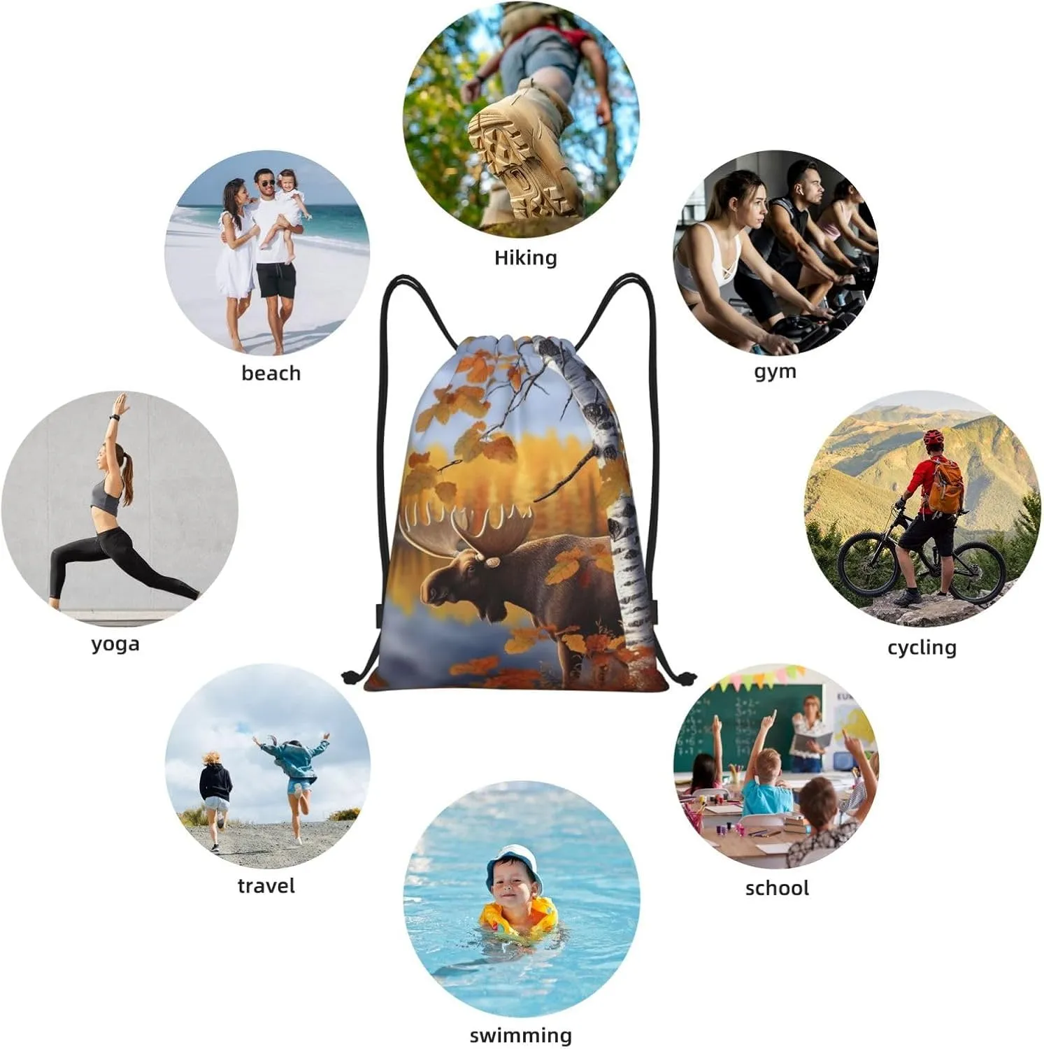 Drawstring Backpack Foldable Backpack Fall Birch Leaves Elk Sports Gym Bag for Women Men String Bag
