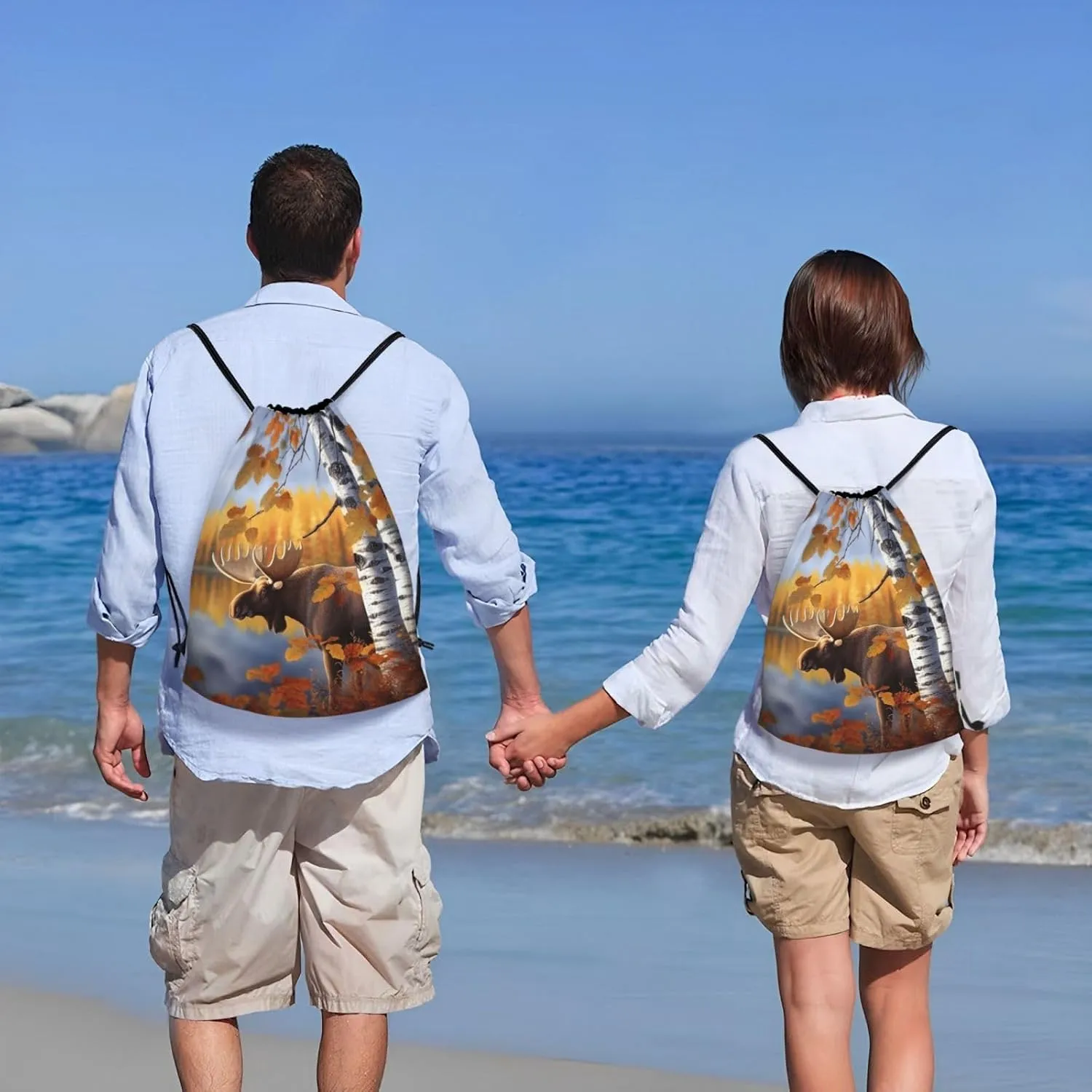Drawstring Backpack Foldable Backpack Fall Birch Leaves Elk Sports Gym Bag for Women Men String Bag