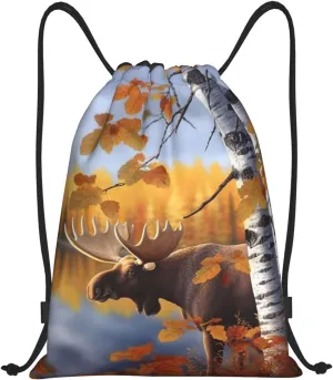 Drawstring Backpack Foldable Backpack Fall Birch Leaves Elk Sports Gym Bag for Women Men String Bag