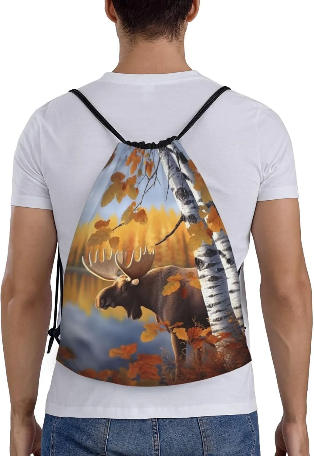 Drawstring Backpack Foldable Backpack Fall Birch Leaves Elk Sports Gym Bag for Women Men String Bag