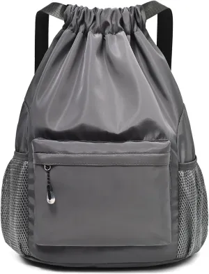 Drawstring Backpack for Women & Men, Waterproof Gym Bag, Small Cinch Sack for Basketball & Soccer (Grey)