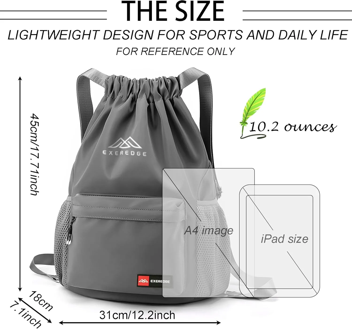 Drawstring Backpack for Women Men Sport Gym Bag Water Resistant Backpack Sandproof Beach Bag With Mesh Pockets (Grey)