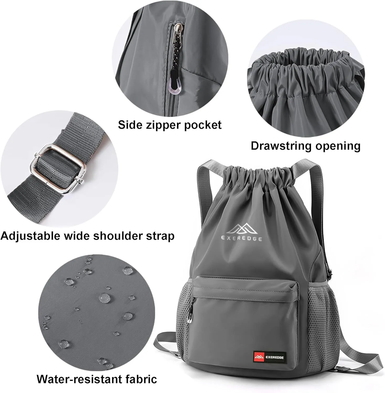 Drawstring Backpack for Women Men Sport Gym Bag Water Resistant Backpack Sandproof Beach Bag With Mesh Pockets (Grey)