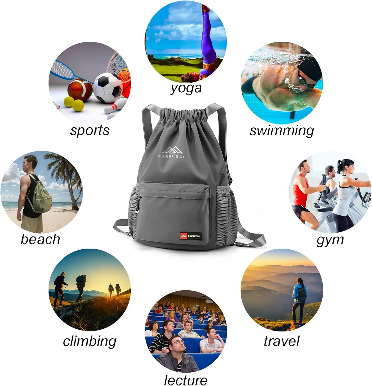Drawstring Backpack for Women Men Sport Gym Bag Water Resistant Backpack Sandproof Beach Bag With Mesh Pockets (Grey)