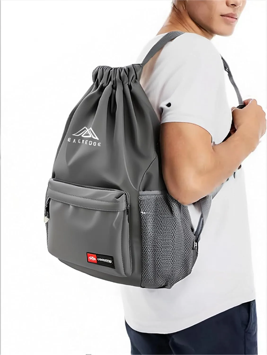 Drawstring Backpack for Women Men Sport Gym Bag Water Resistant Backpack Sandproof Beach Bag With Mesh Pockets (Grey)