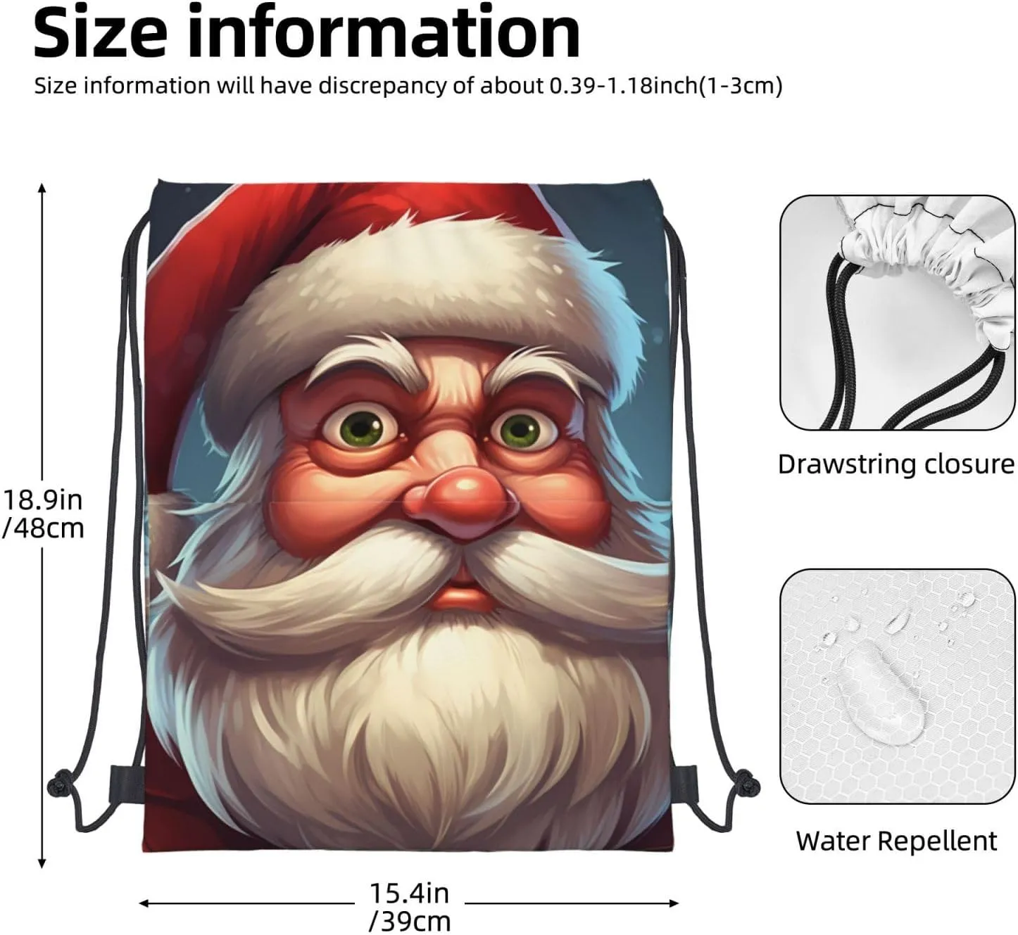 Drawstring Backpack Gym Bag Cinch Bag Draw String Back Bag Staring Santa Claus Drawstring Bags for Travel