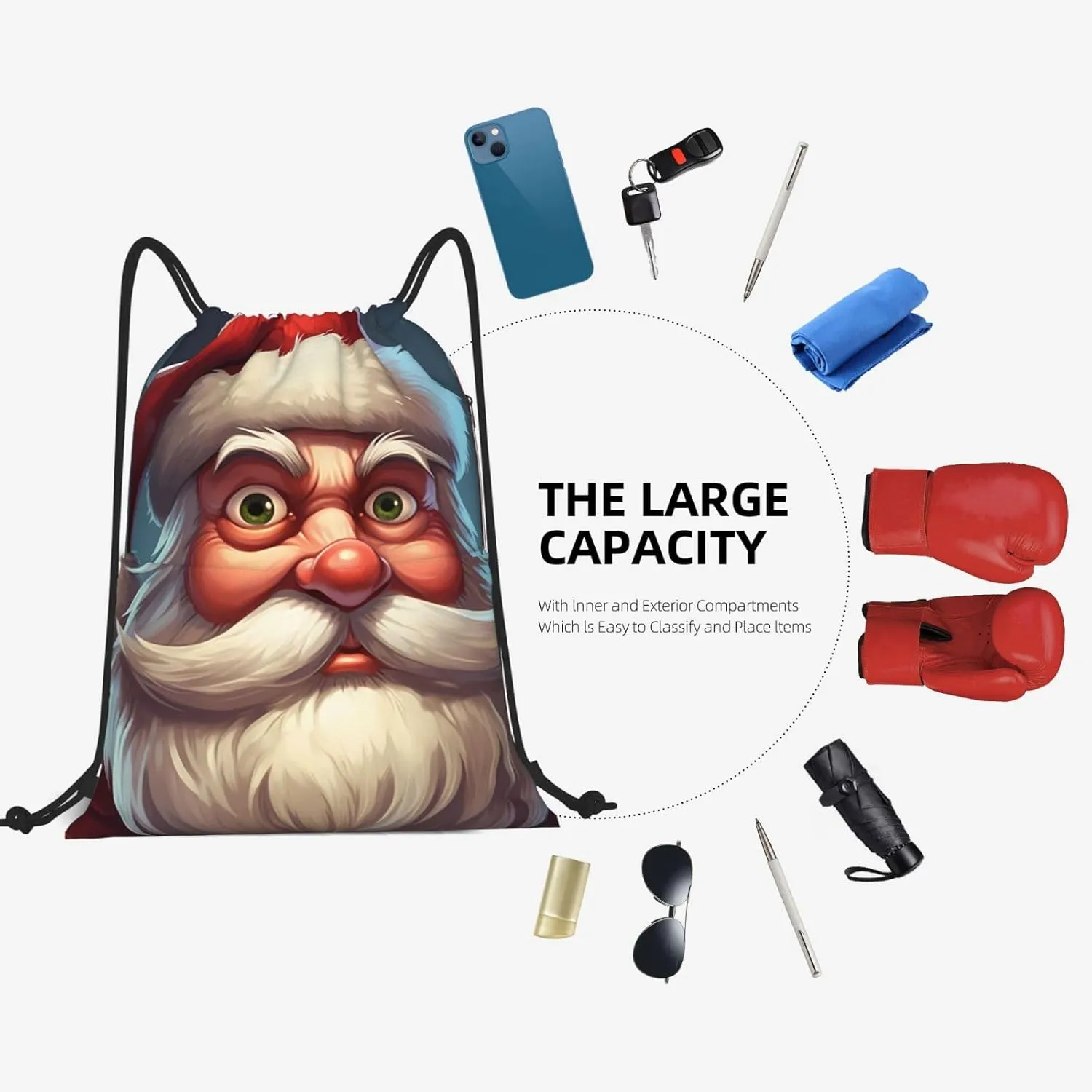 Drawstring Backpack Gym Bag Cinch Bag Draw String Back Bag Staring Santa Claus Drawstring Bags for Travel