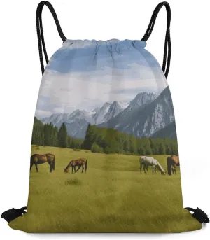 Drawstring Backpack Mountain Pasture Grazing Horses Printed String Bag Gym Sack for Gym Sport Excursions