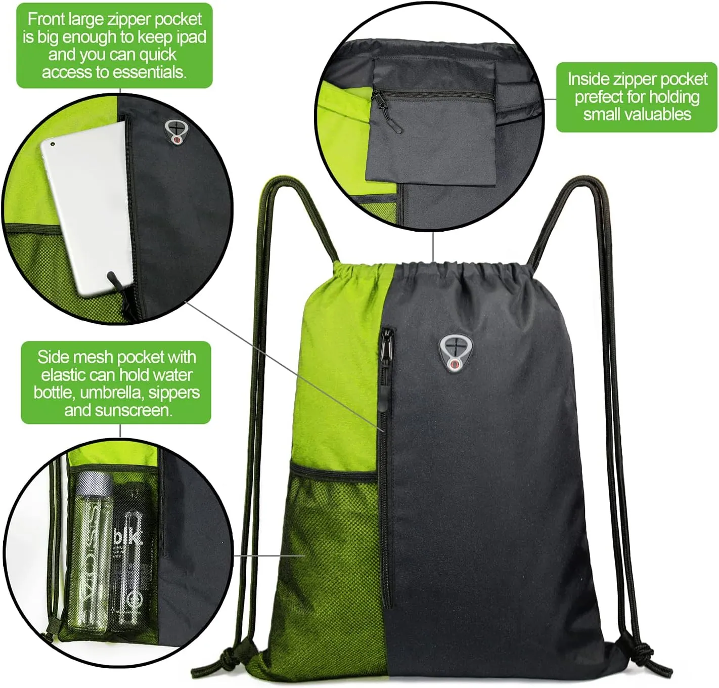 Drawstring Backpack Sports Gym Bag for Women Men Large Size With Two Zipper Pockets and Water Bottle Mesh Pockets