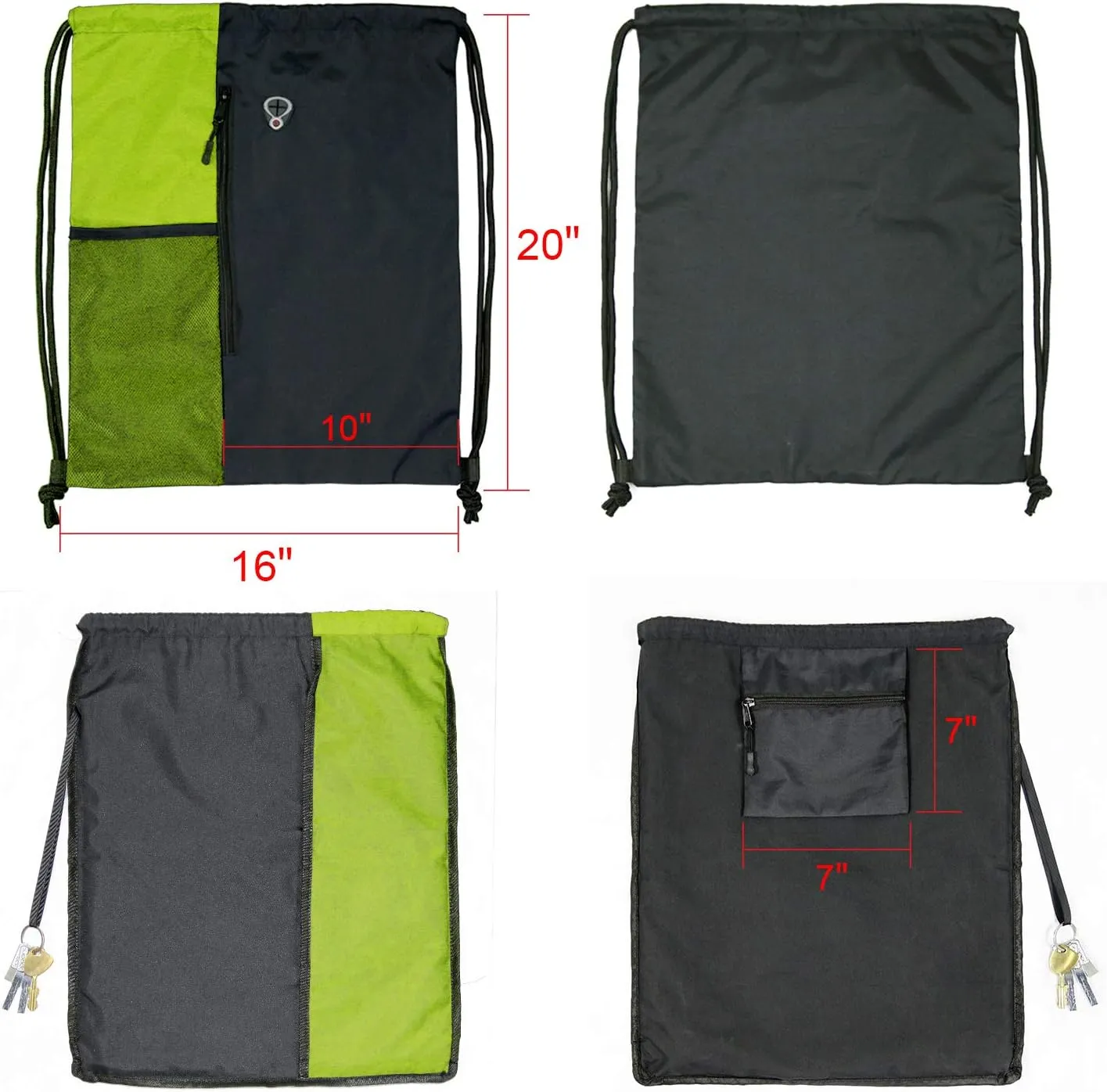 Drawstring Backpack Sports Gym Bag for Women Men Large Size With Two Zipper Pockets and Water Bottle Mesh Pockets