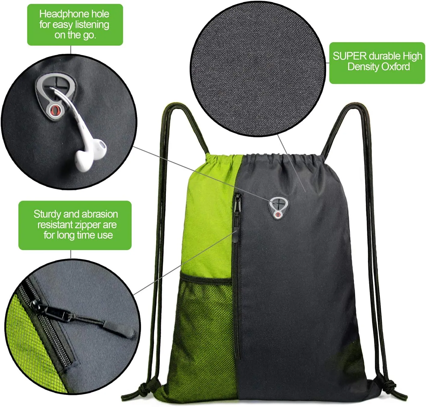 Drawstring Backpack Sports Gym Bag for Women Men Large Size With Two Zipper Pockets and Water Bottle Mesh Pockets