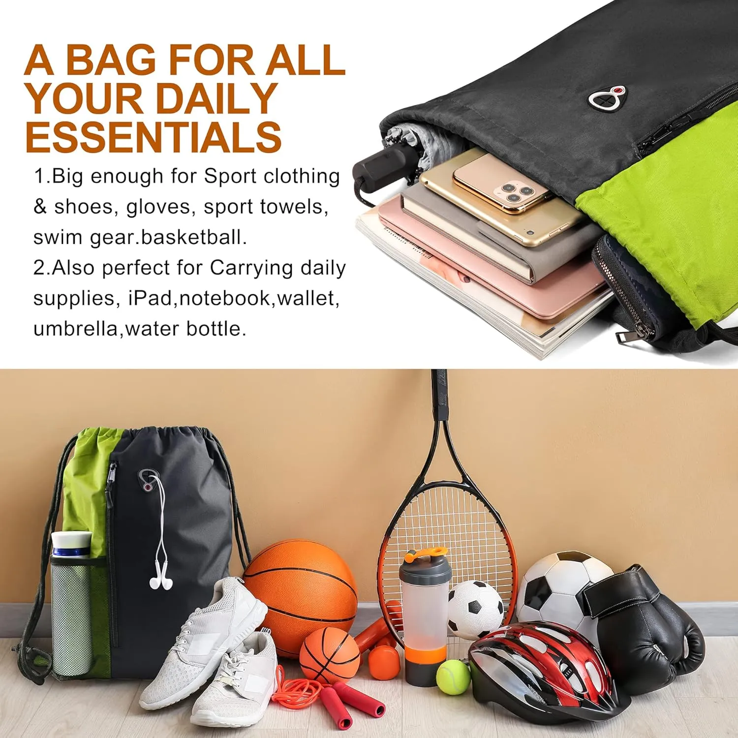 Drawstring Backpack Sports Gym Bag for Women Men Large Size With Two Zipper Pockets and Water Bottle Mesh Pockets