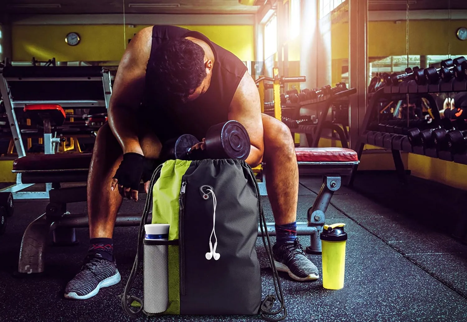 Drawstring Backpack Sports Gym Bag for Women Men Large Size With Two Zipper Pockets and Water Bottle Mesh Pockets