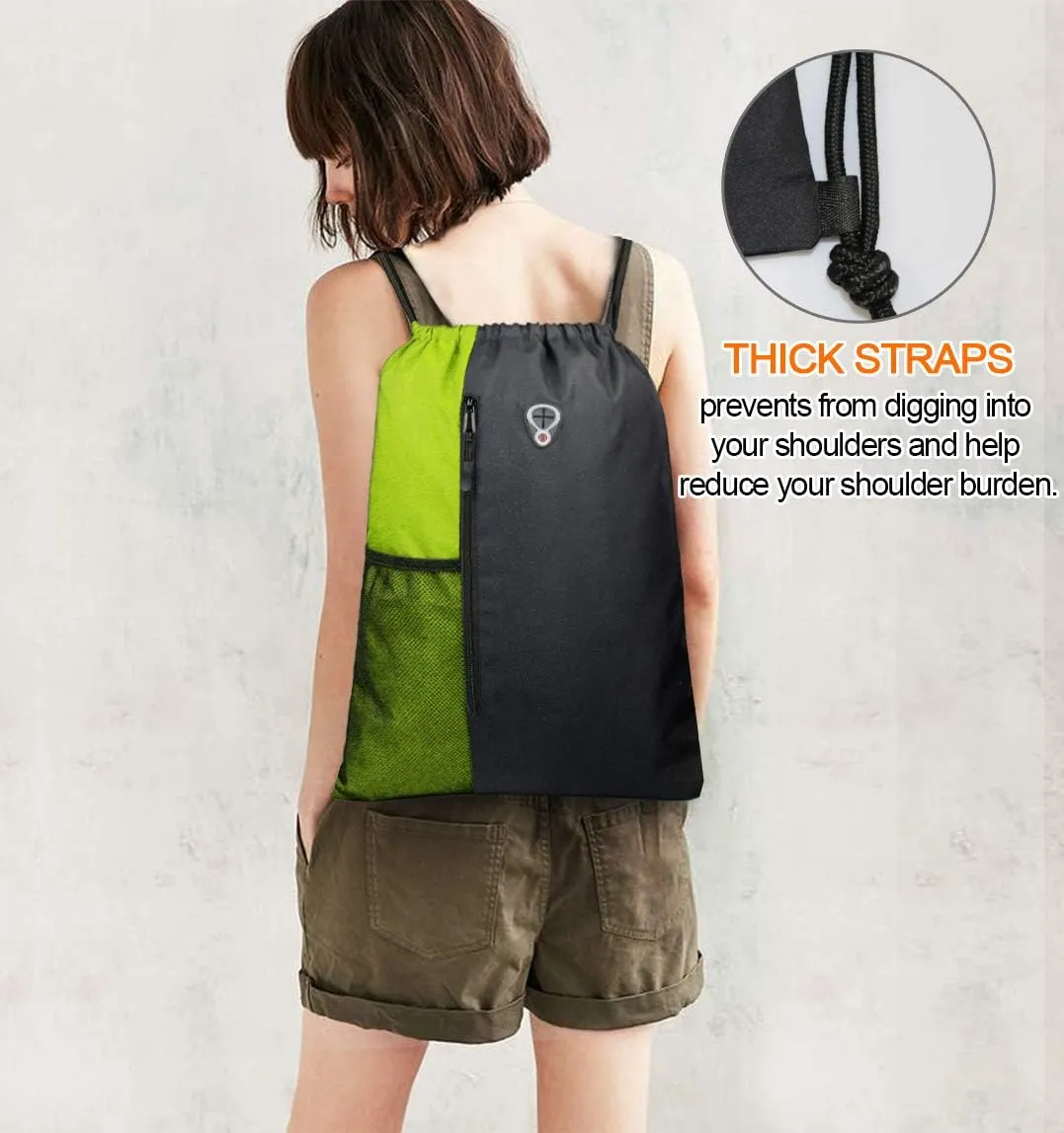 Drawstring Backpack Sports Gym Bag for Women Men Large Size With Two Zipper Pockets and Water Bottle Mesh Pockets