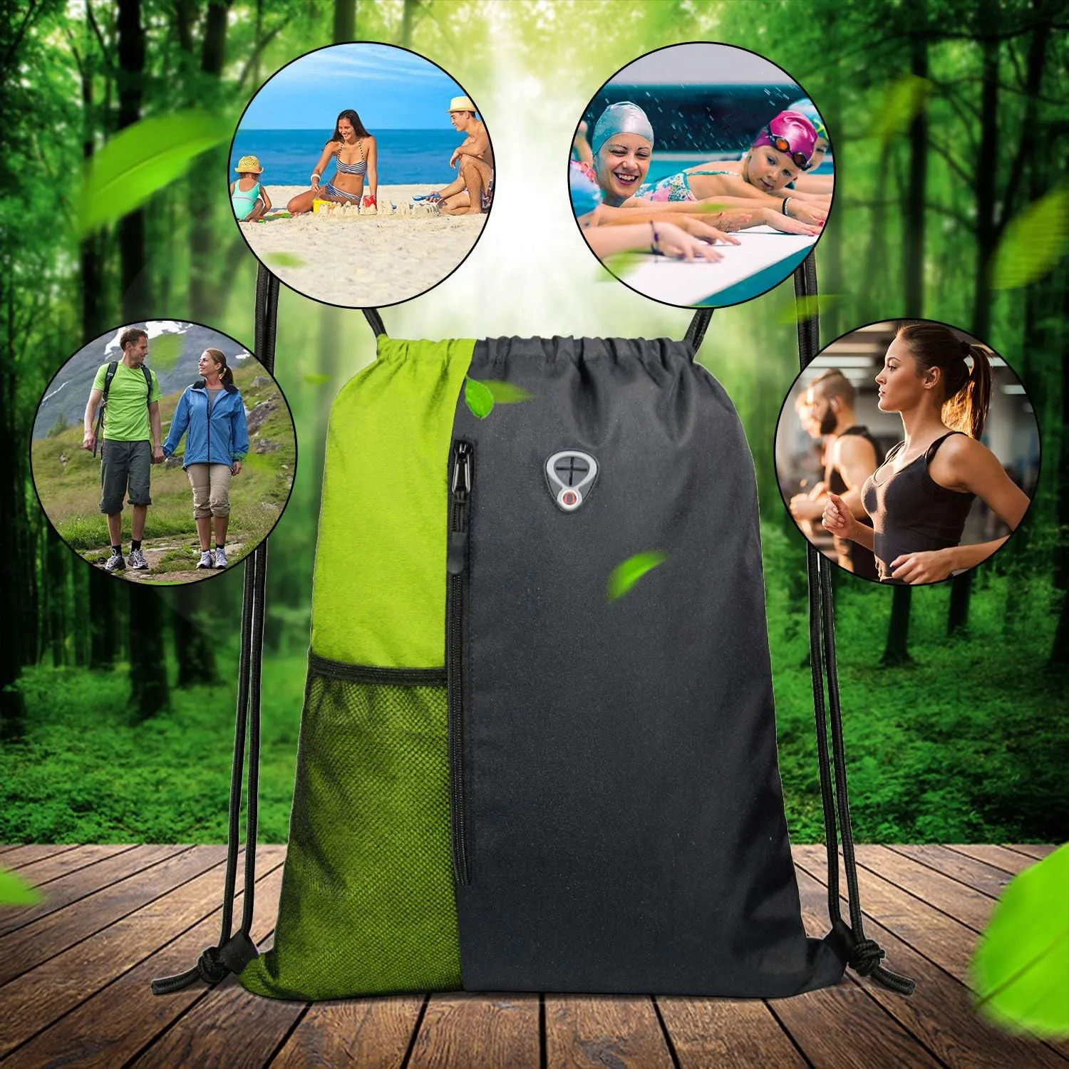 Drawstring Backpack Sports Gym Bag for Women Men Large Size With Two Zipper Pockets and Water Bottle Mesh Pockets