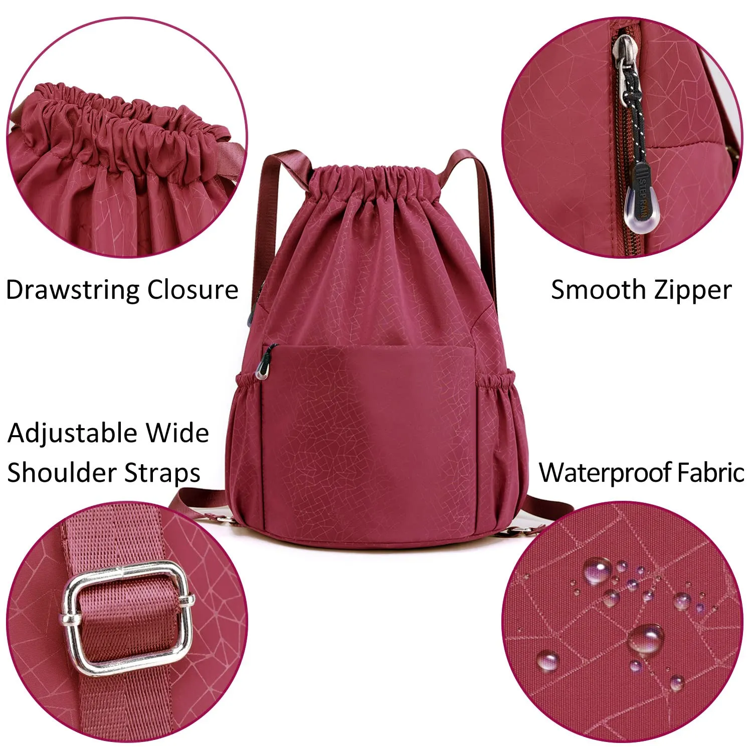 Drawstring Backpack Sports Gym Bag With Multi Pockets Red  HLC040