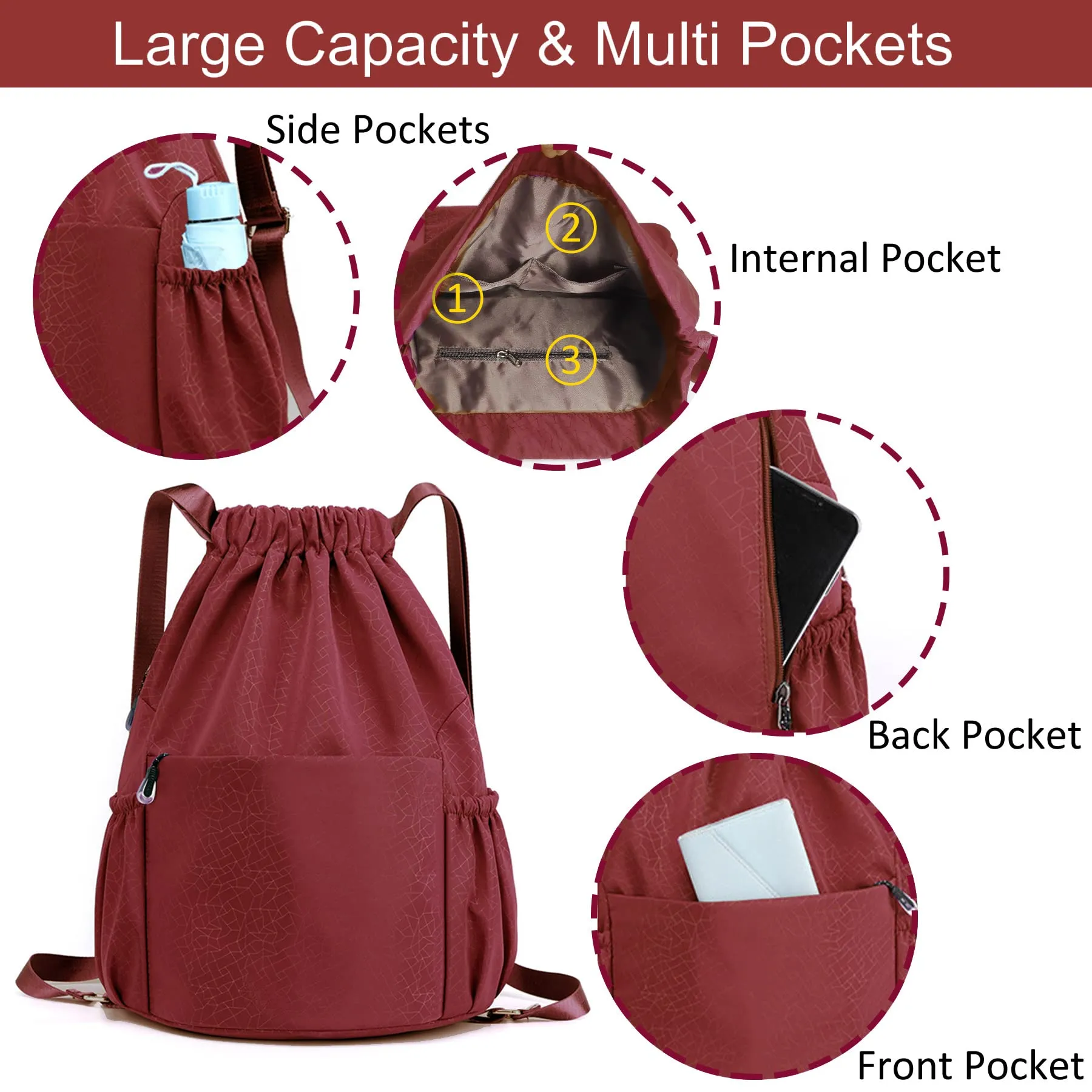 Drawstring Backpack Sports Gym Bag With Multi Pockets Red  HLC040