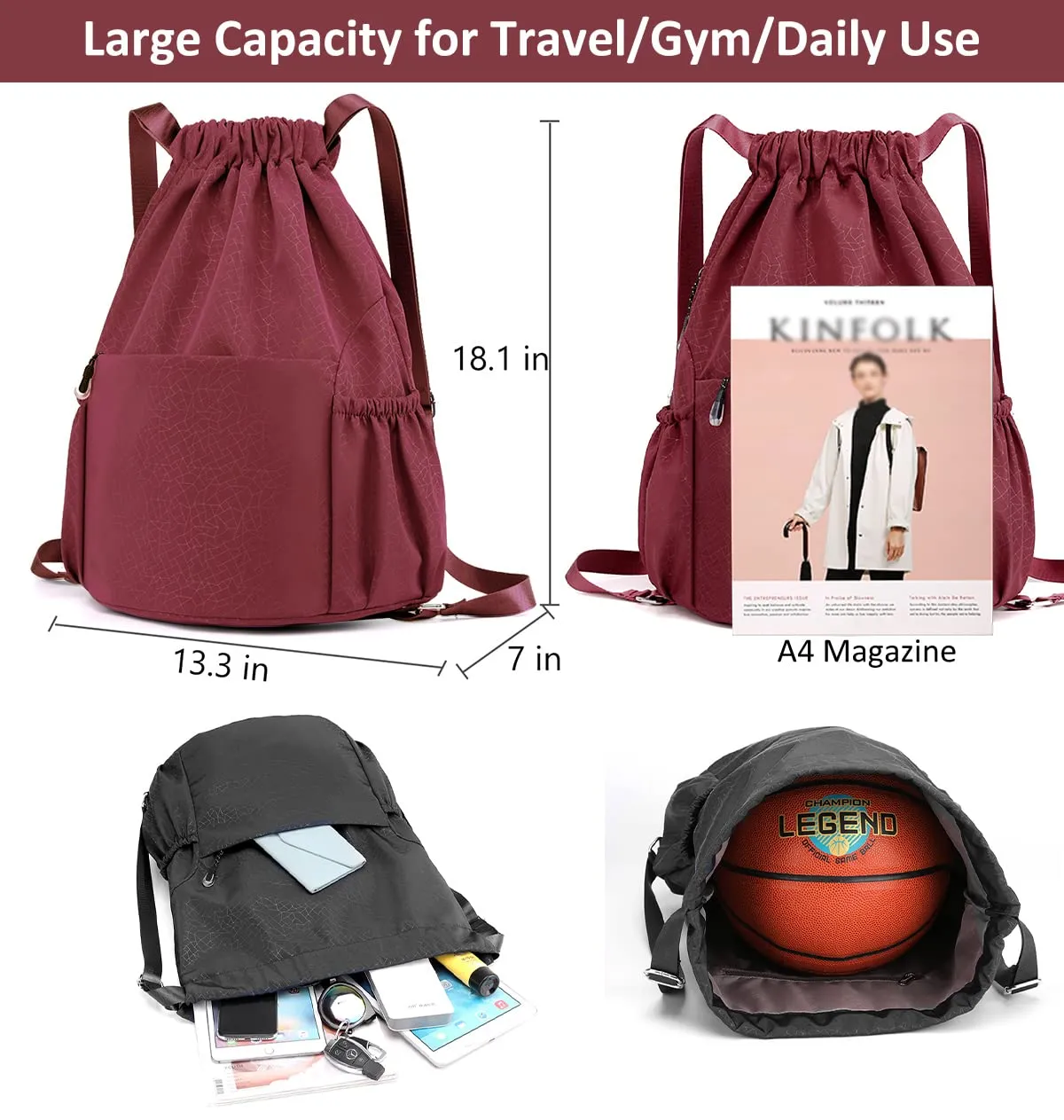 Drawstring Backpack Sports Gym Bag With Multi Pockets Red  HLC040